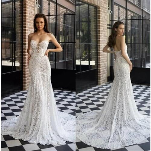 Fashion Wedding Dresses Sexy Sweetheart Lace Appliques Mermaid Bridal Gowns Custom Made Open Back Sweep Train Wedding Dress