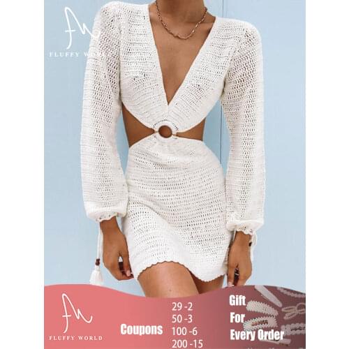 Vacation Knitted Stripe Long Sleeve Dresses for Women Summer 2021 Elegant V Neck Sexy Party Mini Dresses Casual FLUFFY WORLD