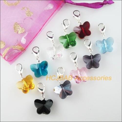 10Pcs Mixed Crystal Butterfly Beads Charms Silver Plated With Clasps 14mm