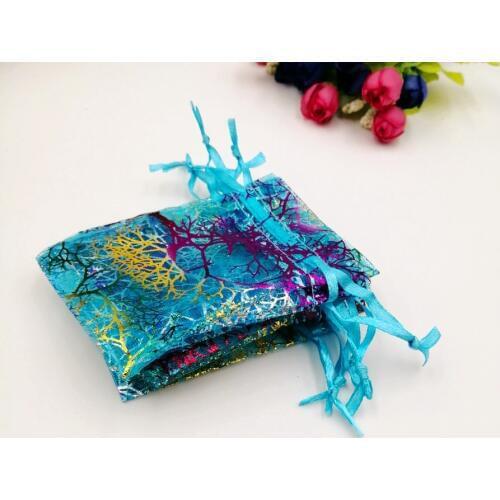 100pcs Blue Coral Organza Bag Drawstring Pouch Bag Organizer Jewelry Box Gift For Wed Christmas Jewelry Display Packaging Bags