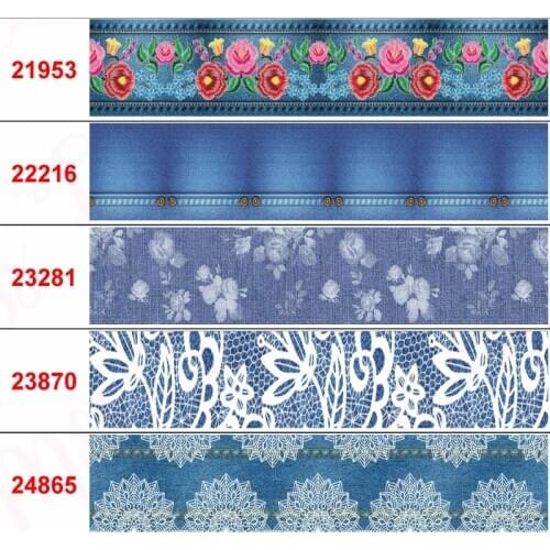 16mm-75mm Denim Series Printed Grosgrain/Foe Ribbon Retro Flower Jeans DIY Hair Bowknots 50yards/roll Cloth Making