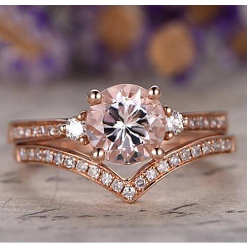 2/PCS Female Girls Wave Elegant Chevron Engagement Ring Set Cubic Zirconia Wedding Rings For Women Vintage Rose Gold Jewelry