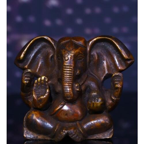 4"Tibet Buddhism Old Bronze Lima Copper Engraved Elephant Trunk God of Wealth God of brahman Sitting Buddha Enshrine the Buddha