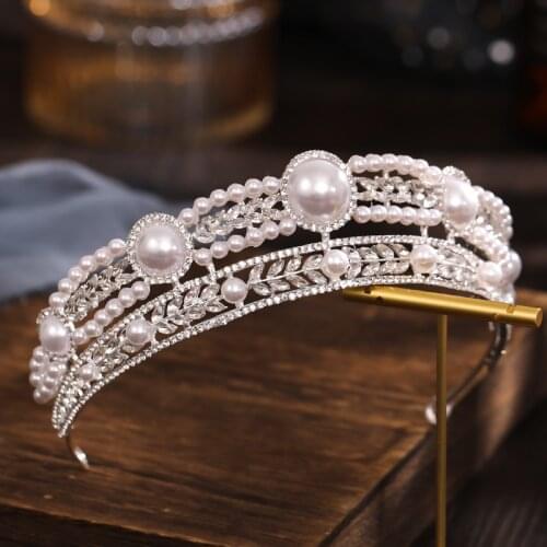 Baroque Crystal Bride Pearl Bridal Tiaras Diana Crown Rhinestone Pageant Diadem Headband Wedding Hair Accessories Tiara De Noiva