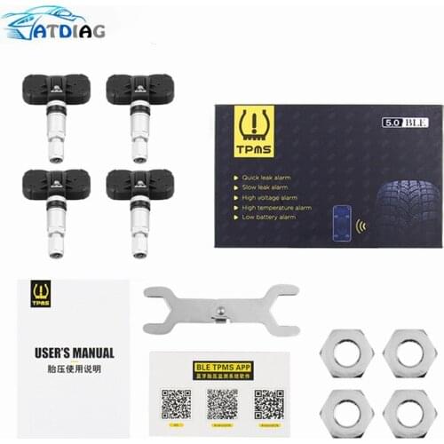 Bluetooth 5.0 TPMS Car Tire Pressure Monitor System With 4 Sensors For iOS Android Mobile Phone APP Monitoring Alarm
