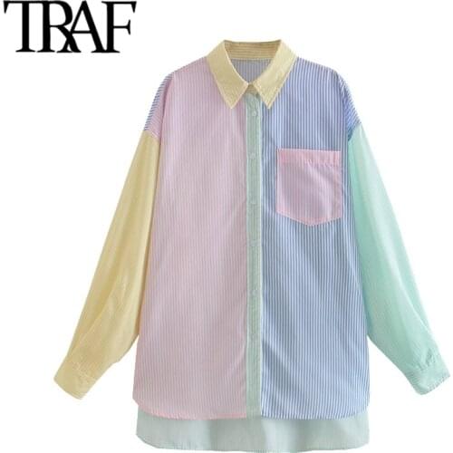 TRAF Women Fashion Patchwork Striped Loose Asymmetry Blouses Vintage Long Sleeve Button-up Female Shirts Chic Tops