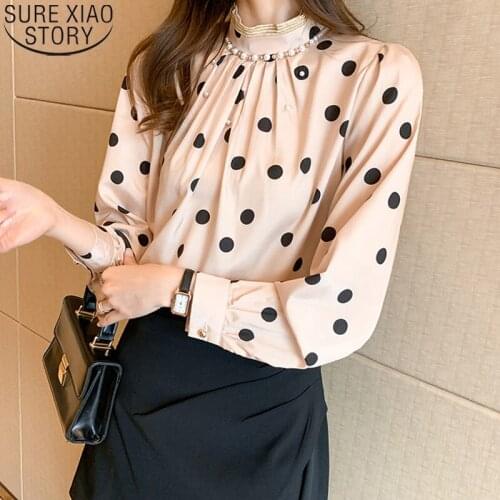 Polka Dot Print Chiffon Blosue Women Shirt New Spring Stand Collar Tops Pleated Fashion Clothes Beading Long Sleeve Blouse 13095