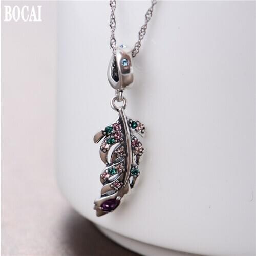 Colored diamond feather pendant DIY jewelry accessory real 925 silver loose beads beaded with popular colored silver beads