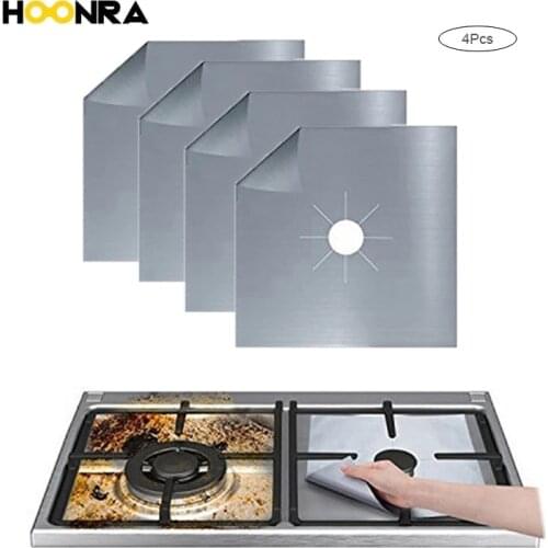 HOONRA 4Pcs Reusable Foil Gas Hob Gas Stove Protector Gas Burner Cover Liner Mat Stovetop Burner Kitchen Accessories