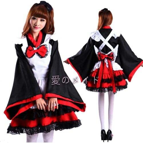 Lolita Sweet Furisode Kimono Maid Apron Dress Outfit Anime Cosplay Costumes