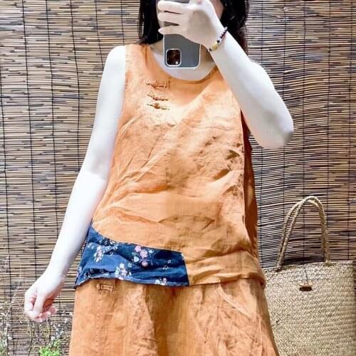 21New Women Tank Tops Summer Sexy Print Frog Buttons Sleeveless Female Fashion Ramie Tees