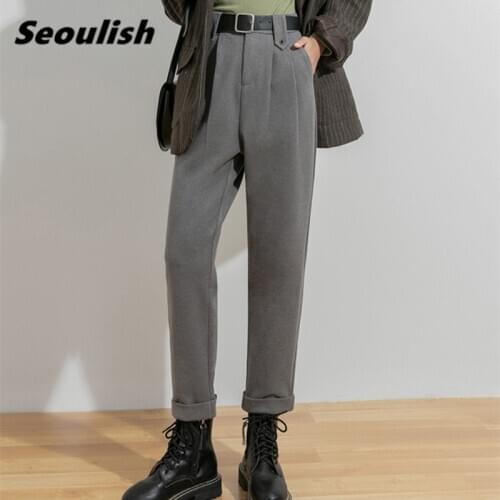 Autumn Winter 2020 New Solid Woolen Formal Womens Harem Pants with Belt High Waist Office Lady Loose Ankle-Length Pants Pocket