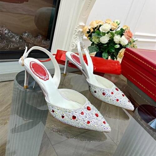 Womens Sandals Valentines Rhinestone Shoes Real Leather Sexy Pointed Toe Silk Shoes High Heels Women Shoes Luxury Brand Chic