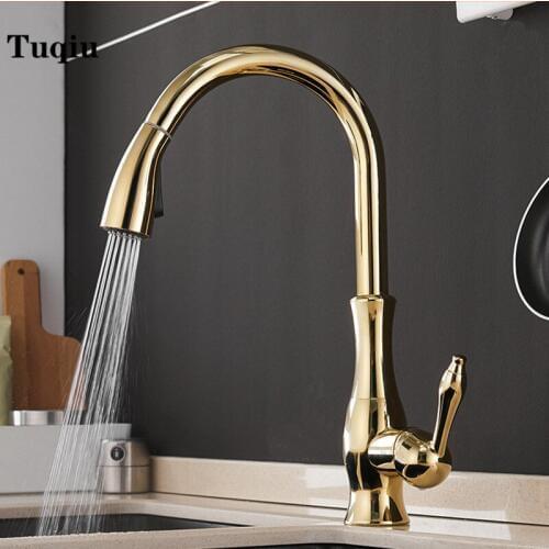 New arrival top High quality gold finished brass kitchen sink pull out faucet,tap mixer with pull out shower head