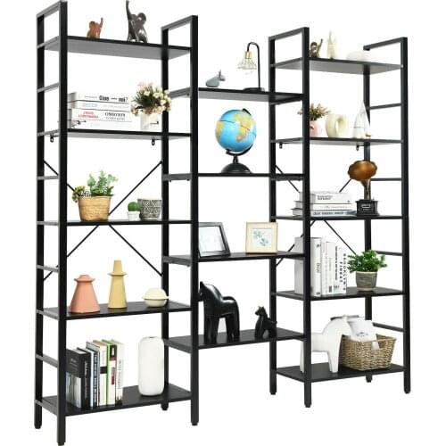 Triple Wide 5-tier Bookcase Large Bookshelf Display Storage Shelf Vintage Black