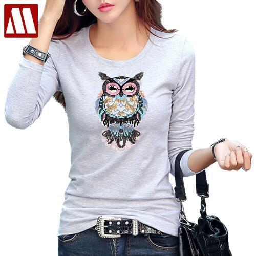 Fashion Sweet Owl Sequin Applique t-shirt Women Originality Summer T-Shirts Lady Brand Big Size t shirts Casual Cotton Tops Tees