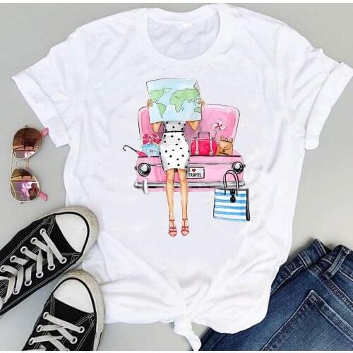 Women Cartoon Ladies Watercolor Trend Style Short Sleeve Sweet Summer Fashion Print Lovely Clothes Tops Tees Tshirt T-Shirt