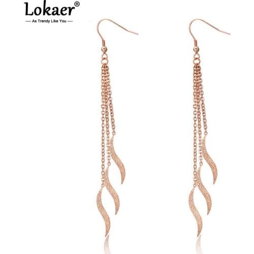 Lokaer Rose Gold Irregular Wave Dangle Earrings For Women Trendy Tassel Long Titanium Steel Ladies Earrings Ohrringe E19161