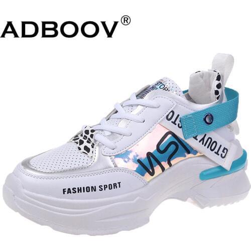 ADBOOV Thick Sole Fashion Sneakers Women PU Leather Casual Shoes Breathable Platform Shoes