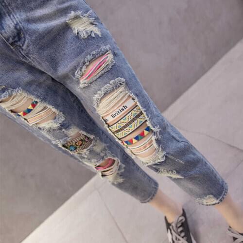 Ladies Loose Jeans Ripped Beggars 2020 Spring and Summer New Womens Korean Harem Pants Nine-point Pants Mother Jeans