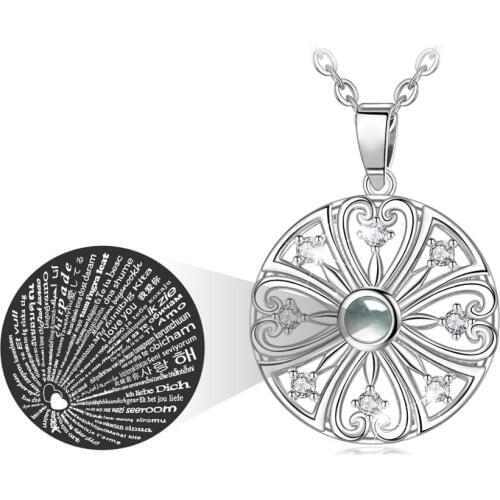 EUDORA Romantic Love Memory Wedding Flower Necklace 100 Languages I Love You Projection Pendant Necklace 925 Silver Chain Women