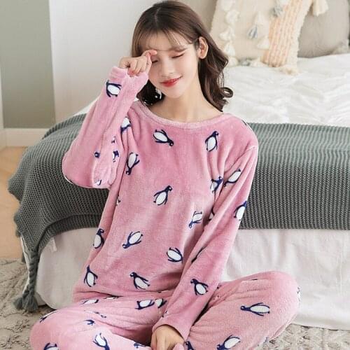 Winter Thick Warm Flannel Pajama Set For Women Sleepwear Home Clothes Cartoon Female Pijama Nightwear Mujer Homewear Pyjamas Set