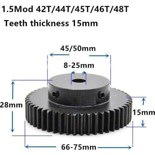 1.5M 44T 46T High frequency blackening Spur Gear pinion teeth width 15mm 1.5mod gear rack 45teeth bore 8-25mm cnc