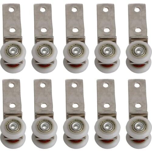 10Pcs 2.55x0.74inch Bend Pipe Metal Bearing Pulley Block with Two Plastic Wheel for Sliding Door Window Cabinet Stainless Steel