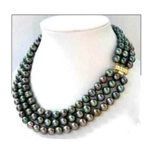 14k/20 Gold Clasp Triple Strands South Sea AAA 7-8MM Black Pearl Necklace