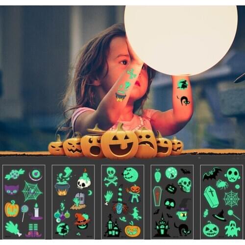 6Pcs Halloween Party Cartoon Luminous Tattoo Pumpkin Ghost Witch Bat Waterproof In Dark Glowing Tattoo Stickers
