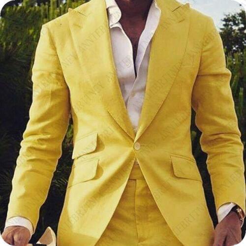 ANNIEBRITNEY 2019 Latest Coat Pant Designs Linen Yellow Men Suit Set Formal Slim Fit Gentle Blazer Custom Made Mens Suits Terno