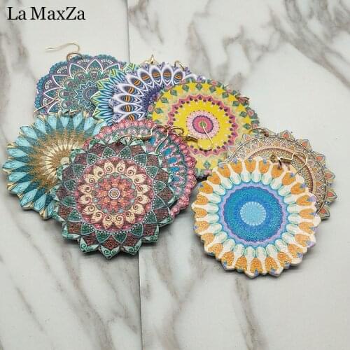 Bohemia Handmade Wood Wooden Earings for Women Jewelry Flower Print Drop Dangle Earing Long Big Earrings Jewelry Accessories