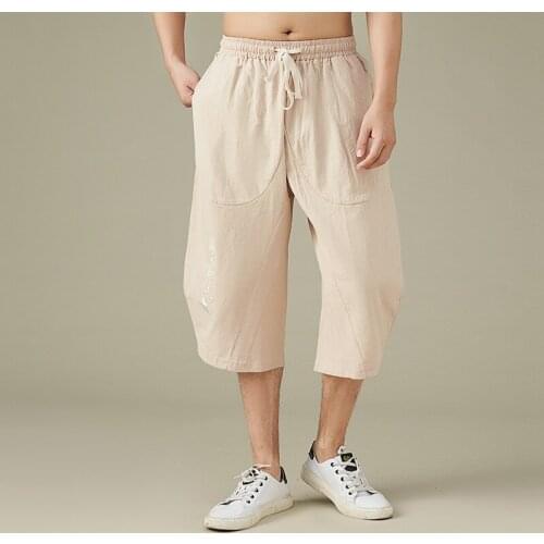 Summer Men Harme Pants Streetwear Cotton Linen Chinese Style Pants Vintage Straight Plus Size Calf-Length Pants Stretch 30483