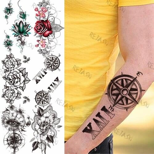 Letters Compass Temporary Tattoos For Men Women Rose Pendant Realistic Fake Tattoos Snake Eye Arm Back Waterproof Tatoos Sticker