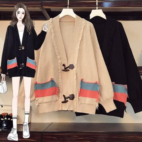 Black Knitted Loose Thick Plus Large Size Oversize Korean Style Fashion Cardigan For Autumn Womens Clothing Ladies Sweater