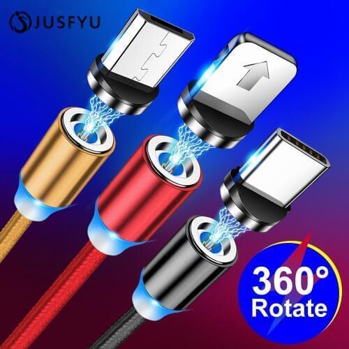 360 LED Magnetic Charging Cable for iPhone XR XS MAX X 8 7 6 6S Plus Mobile Phone Magnet Charger Micro USB C Cable Type C Wire