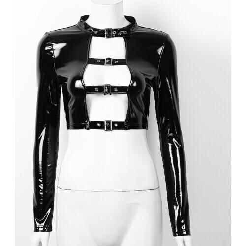 Womens Sexy Patent Leather Short Crop Top Long Sleeves Hollow Out Front with Buckles Gothic Punk Style Tops for Party Clubwear