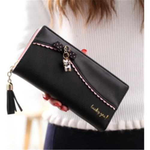 Fashion Womens Wallet New Korea Sweet Long Wallet Bow Lady Kitten Pendant Wallet Solid Card Holder Women Clutch Handbag Bag