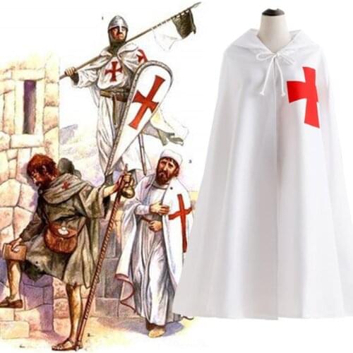 Men Cosplay Crusaders Templar Knight Costume Medieval Warrior Soldier Male Black White Cloak Robe Roman Empire Halloween Costume