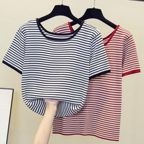 New Summer Glitter T Shirt Women Knitted loose Short Sleeves Top O-Neck Stripe T shirt Slim Kintwear Female sweater pullover