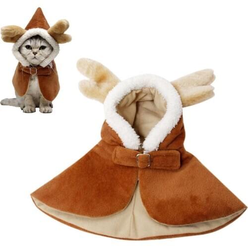Pet Shawl Cloak Winter Christmas Cosplay Cat Dog Cold Protection Thick Warm Plush Cloak Antler Hat