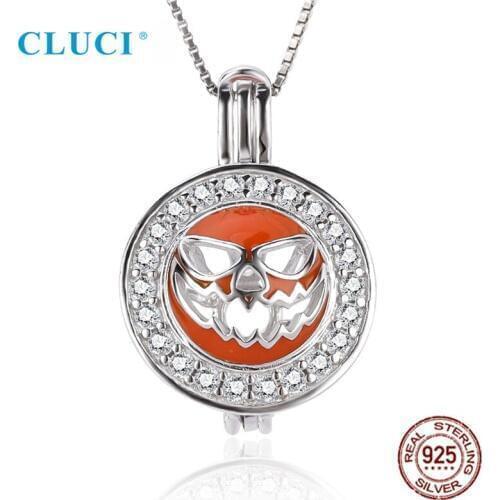 CLUCI 925 Sterling Silver Charms Pendant CZ Round Pearl Cage Locket Pendant for Necklace For Women Halloween Gift SC378SB