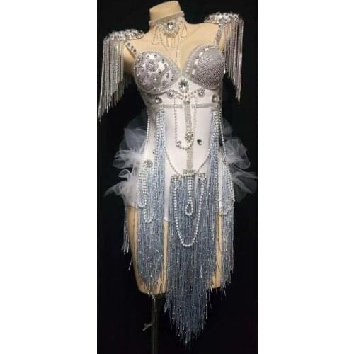 Luxury Pearls Rhinestones Chain Bodysuit Women Sexy Singer Performance Stage Wear Dance Costume Birthday Party NightClub Outfit