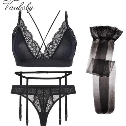 Vasbaby 4Pcs Comfortable Smooth Bra + Garter + Thong + Stockings Ultra-Thin Underwear Set Hollow Sexy Women Lingeries