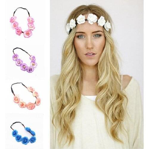 Boho Ladies Flowers Hair Headbands Bridal Accessories Bohemian Style Rose Floral Crown Hairband Beach Headwear Hair Accessory