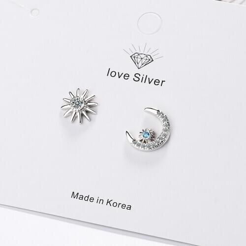 Fashion 925 Sterling Silver Asymmetry Star Moon Stud Earrings For Women Female pendientes eh1374