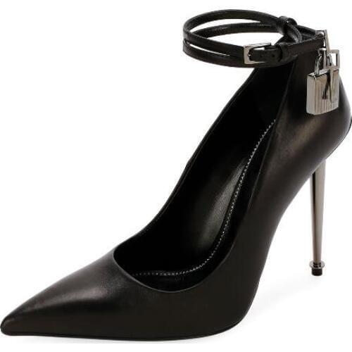 Moraima Snc High Quality Black Leather High Heel Shoes Woman Pointed Toe Ankle Strap Padlock Pumps Sexy Thin Heels Dress Heels