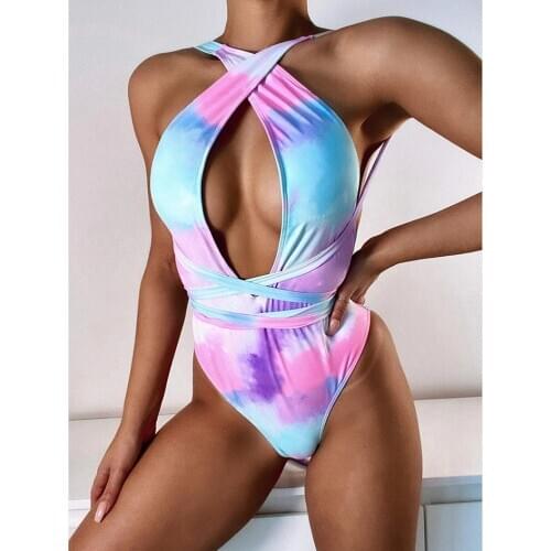 Swimwear Women One Piece Swimsuit 2021 Sexy Tie Dye Bathing Suit Woman Bodysuit Bandage Cross Swimming for Beach Wear Monokini