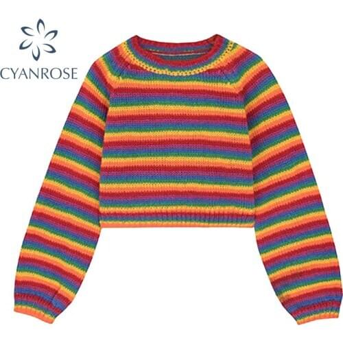 Women Colorful Striped Rainbow Knitted Sweater 2020 Autumn Winter Korean Style Casual Long Sleeve Pullover female Crop Top