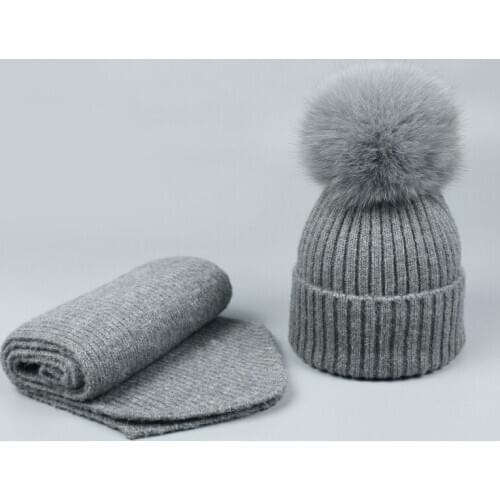 Womens Winter Scarf Hat Sets Skullies Thick Warm Fox Fur Pom pom Hat and Scarf Knitted Beanies Ski gorro Adult and Child Caps